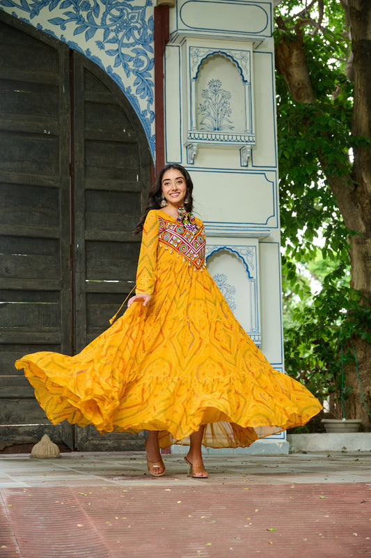 Yellow Georgette Kutchi Bandhani Patch Work Gown