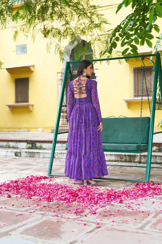 Purple Georgette Kutchi Bandhani Patch Work Gown