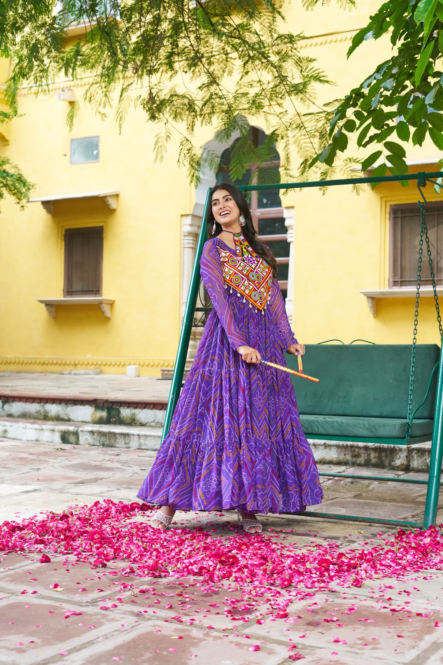 Purple Georgette Kutchi Bandhani Patch Work Gown
