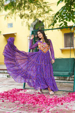 Purple Georgette Kutchi Bandhani Patch Work Gown