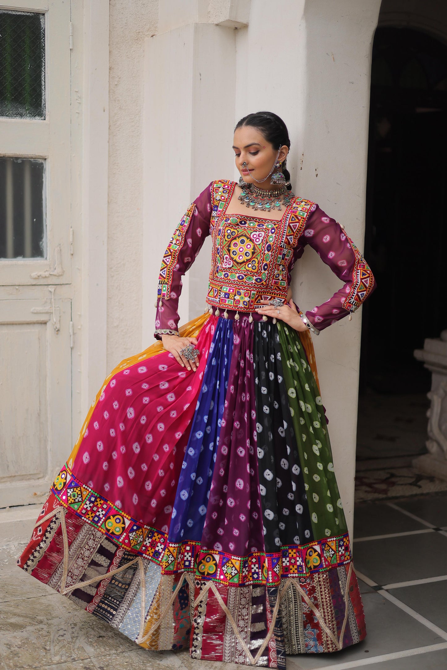 Multi Coloured Georgette Gamthi Lehenhga Choli