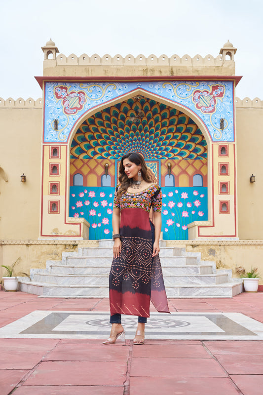 Black Colorful Banadhani Kutchi Work Kurti - Navtatri Special