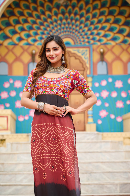 Red Colorful Banadhani kutchi Work Kurti - Navtatri Special