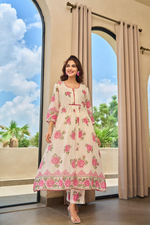Beige Floral Mul Chanderi Kurta Pant Set