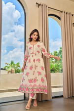 Beige Floral Mul Chanderi Kurta Pant Set