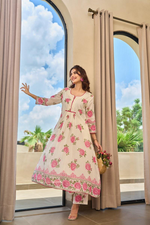 Beige Floral Mul Chanderi Kurta Pant Set