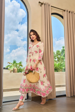 Beige Floral Mul Chanderi Kurta Pant Set