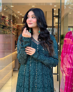 Peacock Blue Maslin Printed Embroidered Festive Suit Set