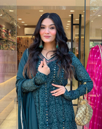 Peacock Blue Maslin Printed Embroidered Festive Suit Set