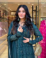 Peacock Blue Maslin Printed Embroidered Festive Suit Set