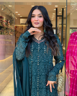 Peacock Blue Maslin Printed Embroidered Festive Suit Set