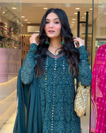 Peacock Blue Maslin Printed Embroidered Festive Suit Set