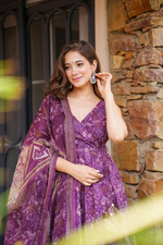 Purple Cotton Printed Angrakha Anarkali Suit