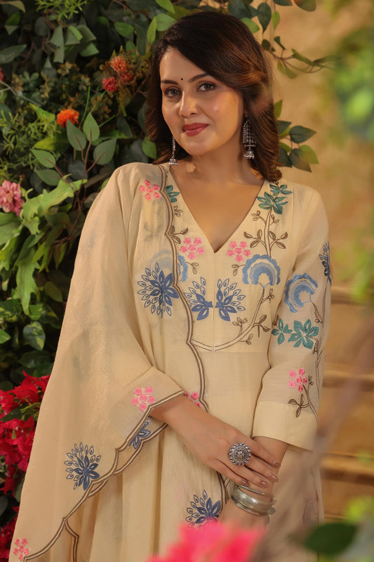 Mul Chanderi Embroidered Anarkali Suit Set