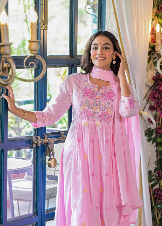 Pink Mul Cotton Embroidered Suit Set