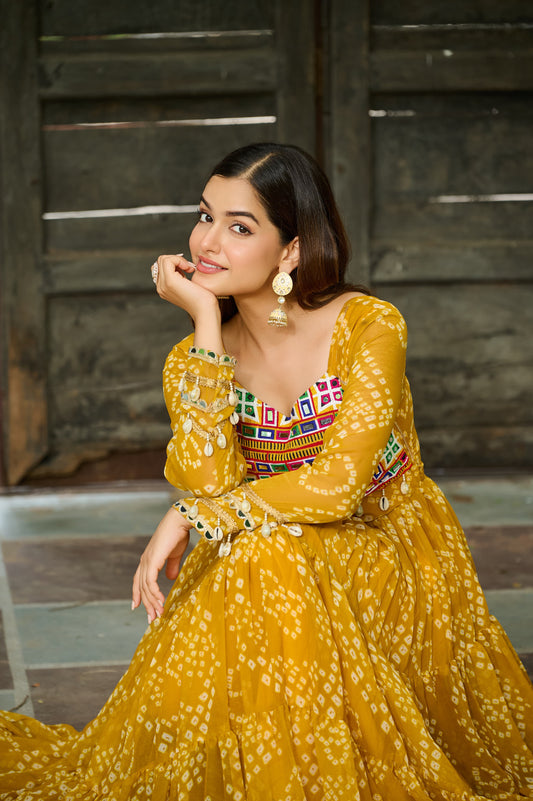 Mustard Georgette Bandhani Gown