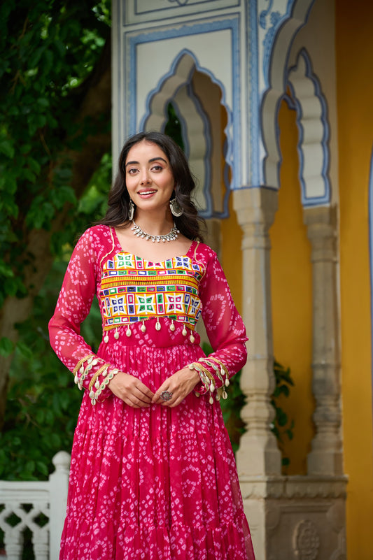 Pink Georgette Bandhani Gown