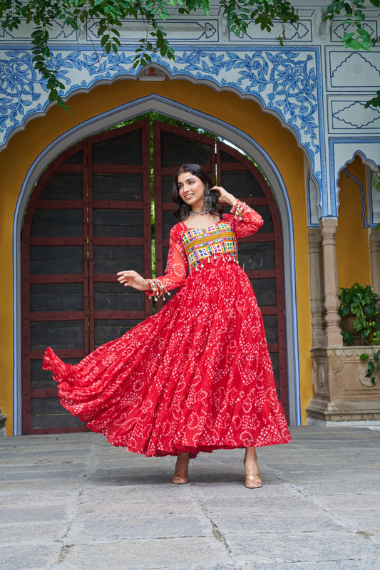 Tomato Red Georgette Bandhani Gown