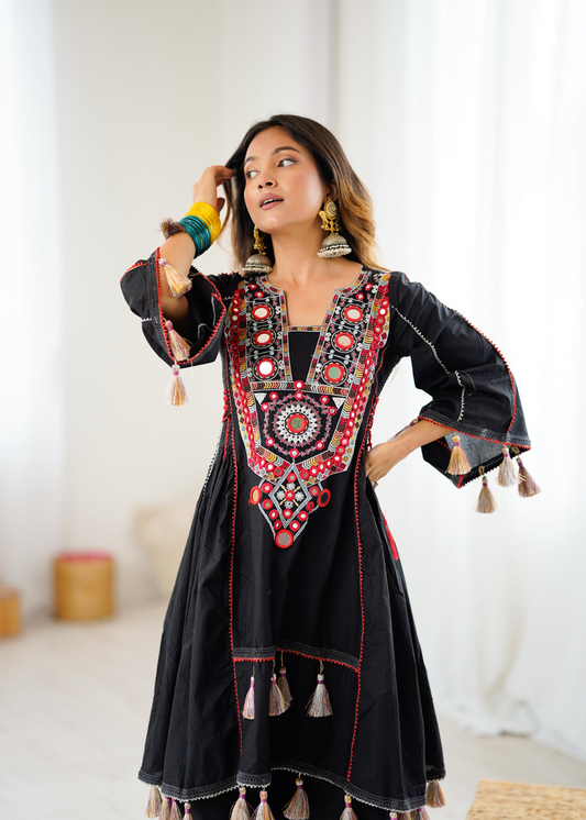 Black Khadi Cotton Sequence Embroidered Festive Anarkali Suit