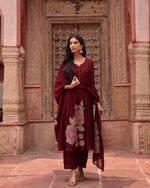 Mehroon Mul Chanderi Applique Work Suit Set