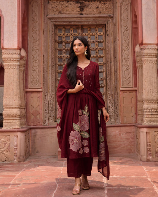 Mehroon Mul Chanderi Applique Work Suit Set