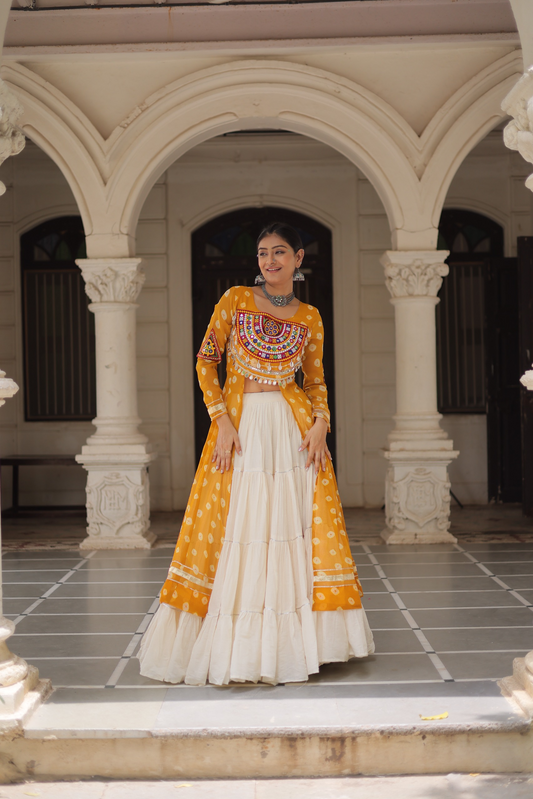 Yellow Bandhej Kurti & Lehenga Set
