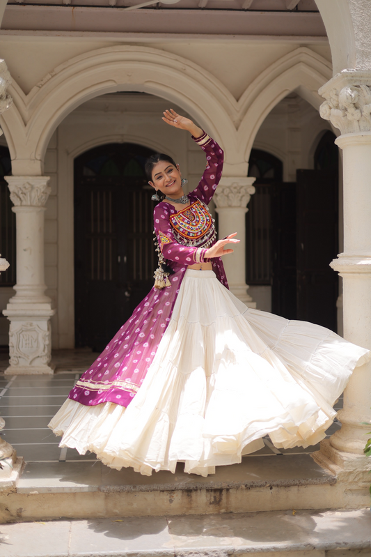 Purple Bandhej Kurti & Lehenga Set