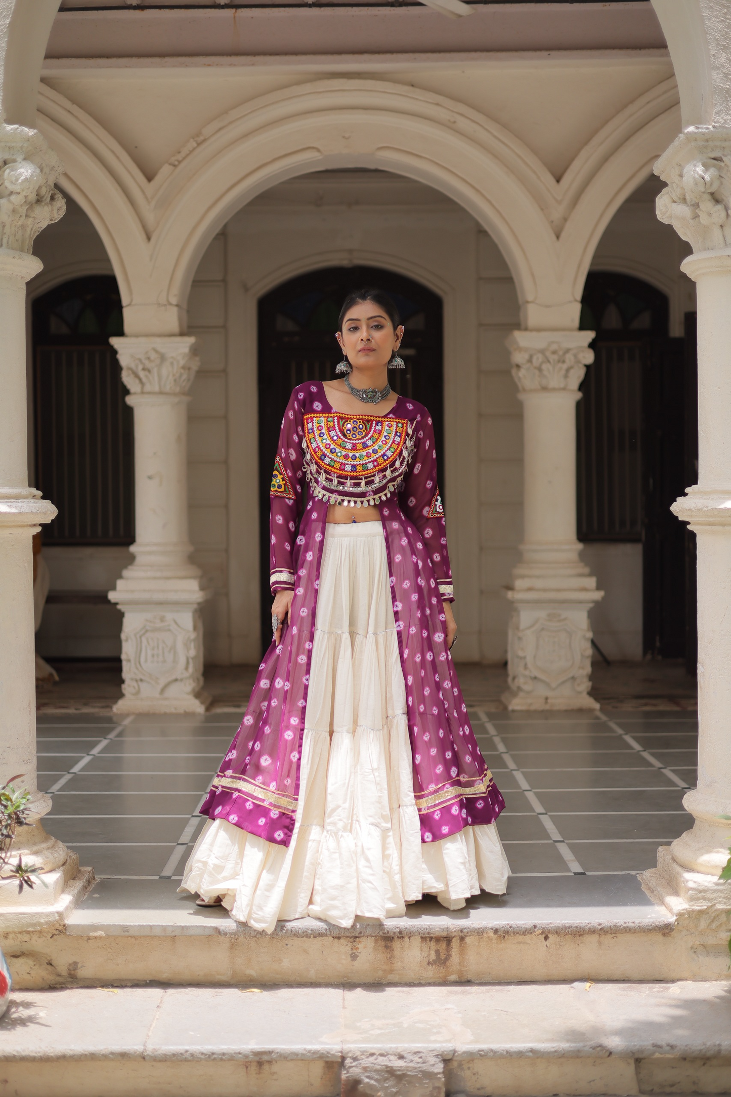 Purple Bandhej Kurti & Lehenga Set
