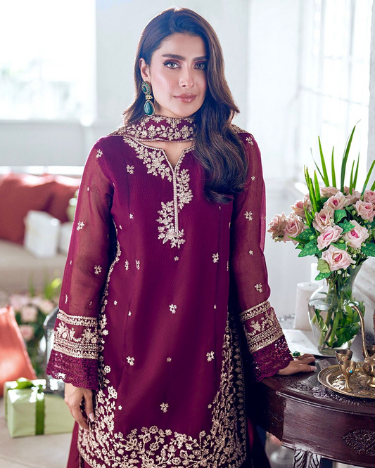 French Crepe Embroidered Sequence Work Kurta Plazzo Dupatta Set