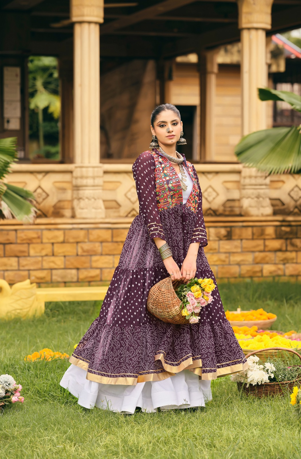 Purple Bandhani Lehenga Choli With Shrug Set