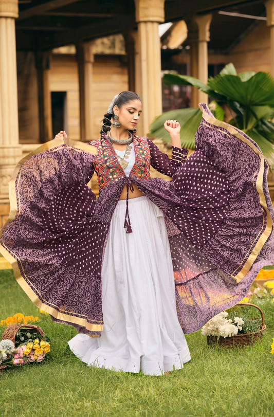Purple Bandhani Lehenga Choli With Shrug Set