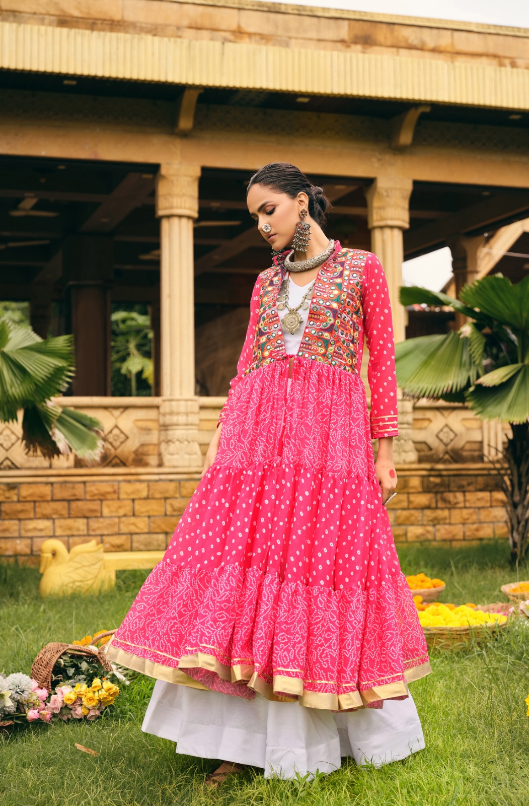 Pink Bandhani Lehenga Choli With Shrug Set