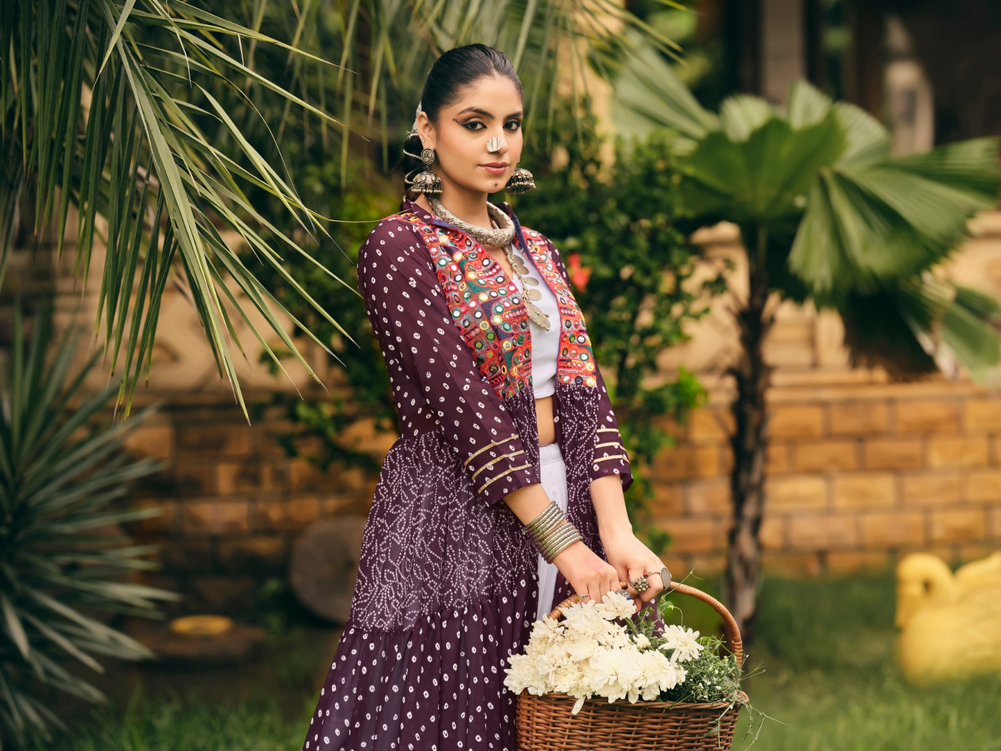 Purple Bandhani Lehenga Choli With Shrug Set