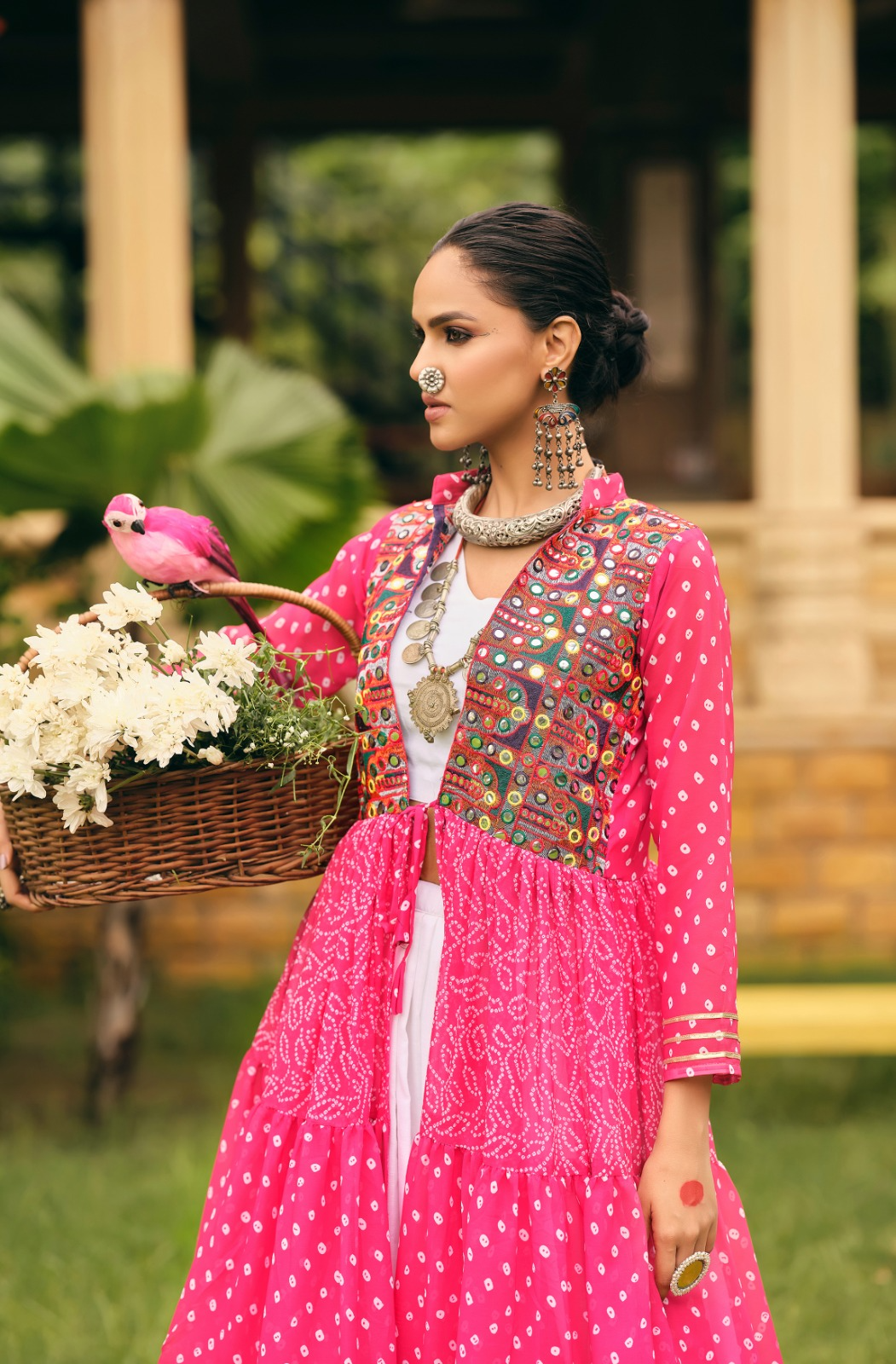 Pink Bandhani Lehenga Choli With Shrug Set