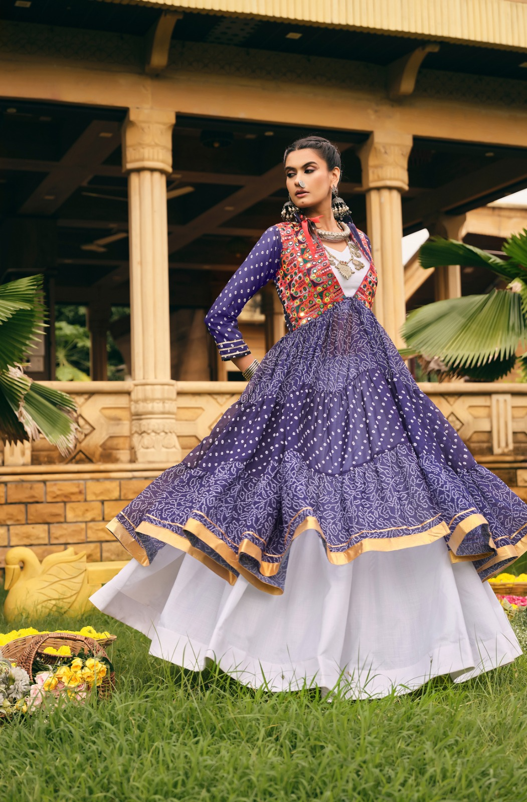 Blue Bandhani Lehenga Choli With Shrug Set