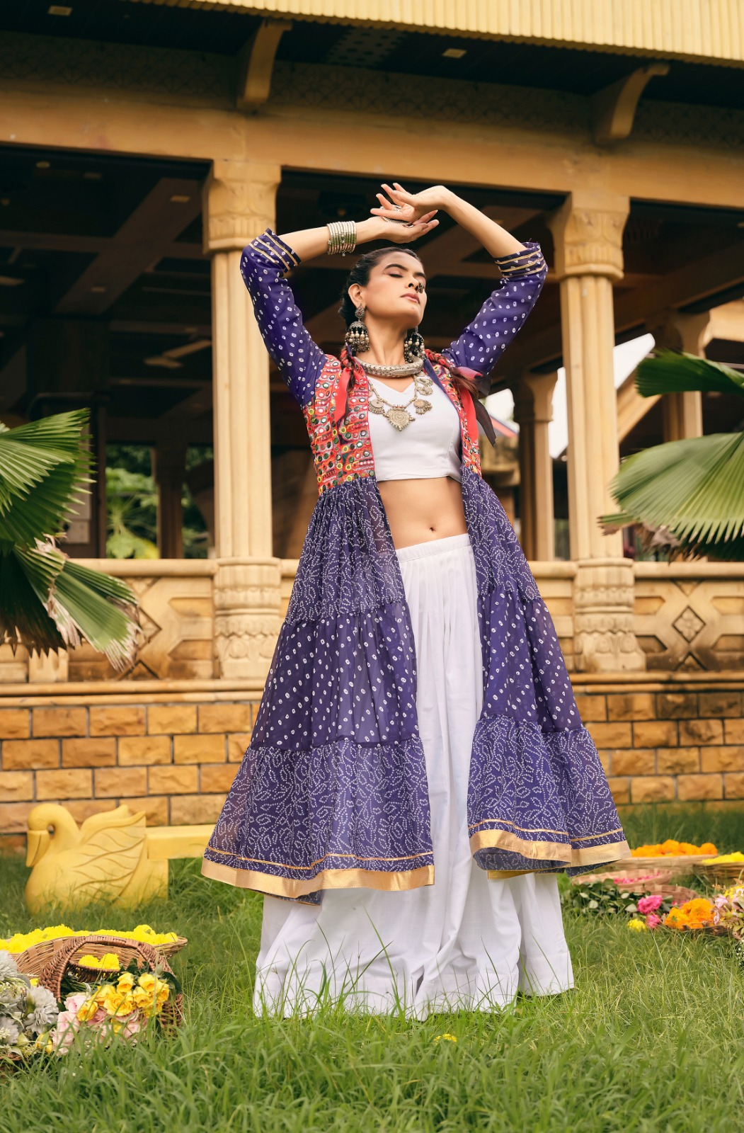 Blue Bandhani Lehenga Choli With Shrug Set