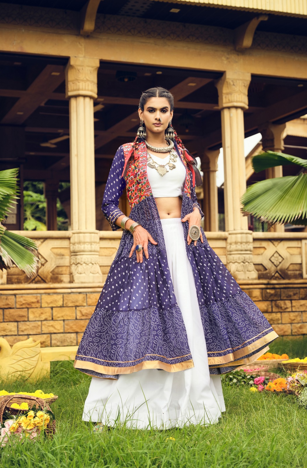 Blue Bandhani Lehenga Choli With Shrug Set