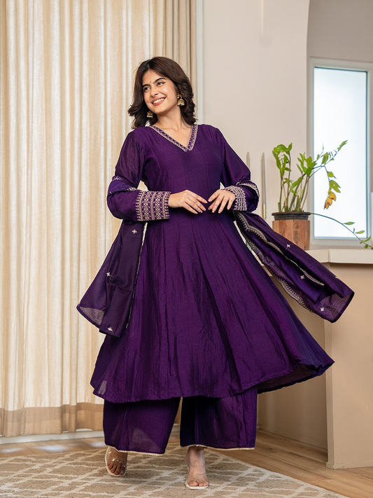 Deep Plum Silk Festive Anarkali Suit With Palazzo