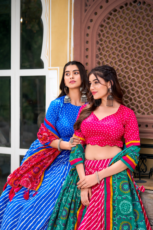 Leheriya Printed Tussar Silk Lehenga Choli With Bandhani Dupatta (3 Colors)