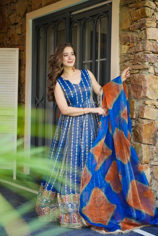 Radiant Blue Organza Silk Printed Gown