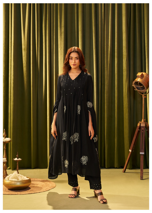 Classic Black Mul Chanderi Embroidered Suit Set