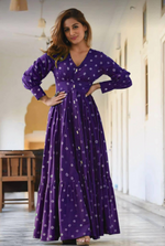 Bandhani Printed Bishop Sleeves Fit & Flare Cotton Maxi Ethnic Dress