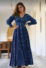 Bandhani Printed Bishop Sleeves Fit & Flare Cotton Maxi Ethnic Dress