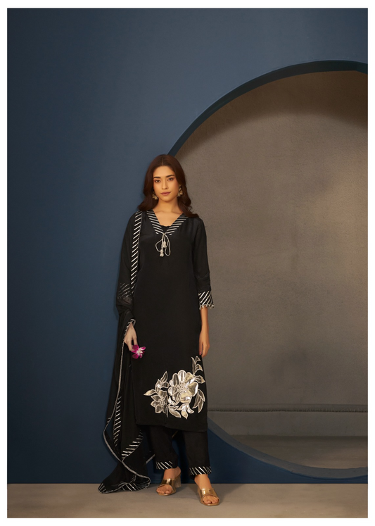 Black Crepe Applique Work Kurta Suit Set