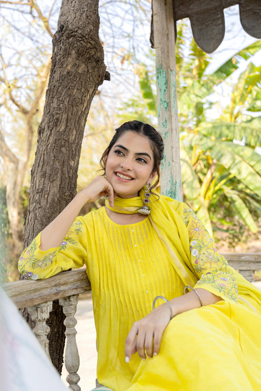Lime Yellow Mul Chanderi Embroidered Kurta Suit Set