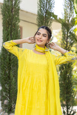Lime Yellow Mul Chanderi Embroidered Kurta Suit Set