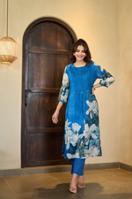 Peacock Blue Floral Mul Cotton Pintex Kurta & Pant