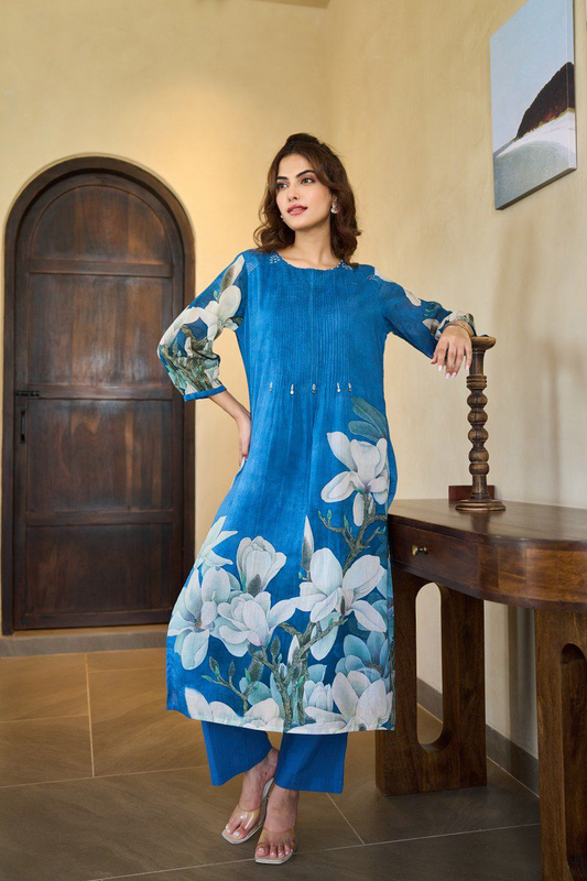 Peacock Blue Floral Mul Cotton Pintex Kurta & Pant