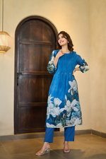 Peacock Blue Floral Mul Cotton Pintex Kurta & Pant