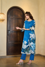 Peacock Blue Floral Mul Cotton Pintex Kurta & Pant